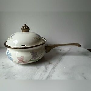 Vintage Lily Cookware Enamel Pot Saucepan Pan White Floral Brass Handle Lid Knob